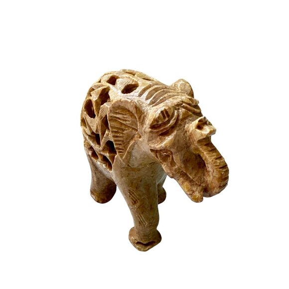 Hand Carved Soapstone Elephant Figurine with Intricate Jali Work Sculpture - Picture 2 of 9